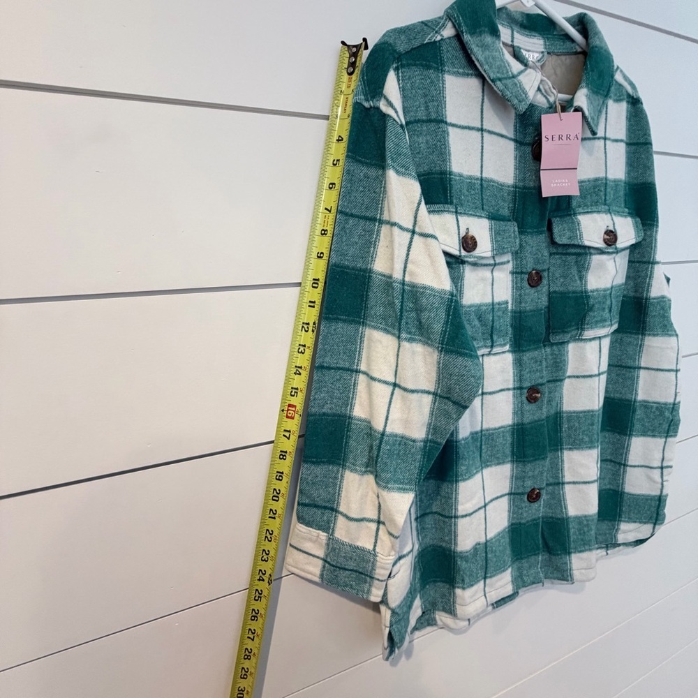 🌟2 for $10 Serra Greenish Blue Plaid Shacket Oversized Cozy Cottagecore Jacket M - Picture 7 of 7